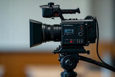 Camera on a tripod in a studio setting, representing beginner video production