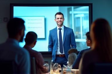 Business professionals watching a corporate video presentation