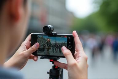 Person filming a video outdoors using a smartphone