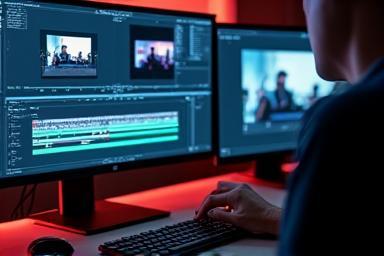 A person editing video on a computer screen in an editing suite