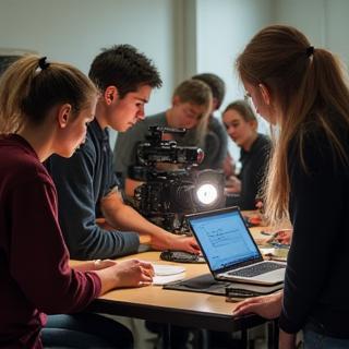 Group of students working on a video project together with equipment
