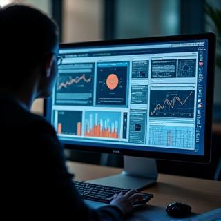 Person viewing video industry data on a monitor
