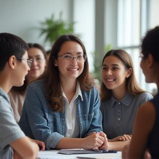 Small group of students interacting closely with an instructor